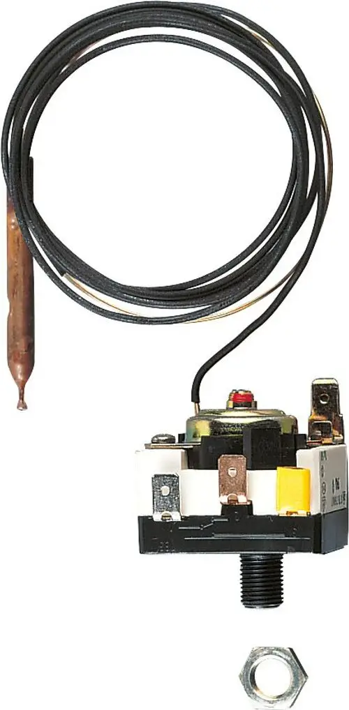 Temperaturbegrenzer von Bosch mit einer langen Sensorleitung und mehreren Anschlussklemmen für die elektrische Nutzung. Das Produkt zeigt eine Metallsonde und eine Montagebuchse.
